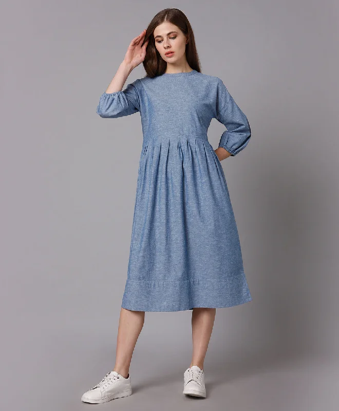 Cotton Denim Dress with Pleated Waist