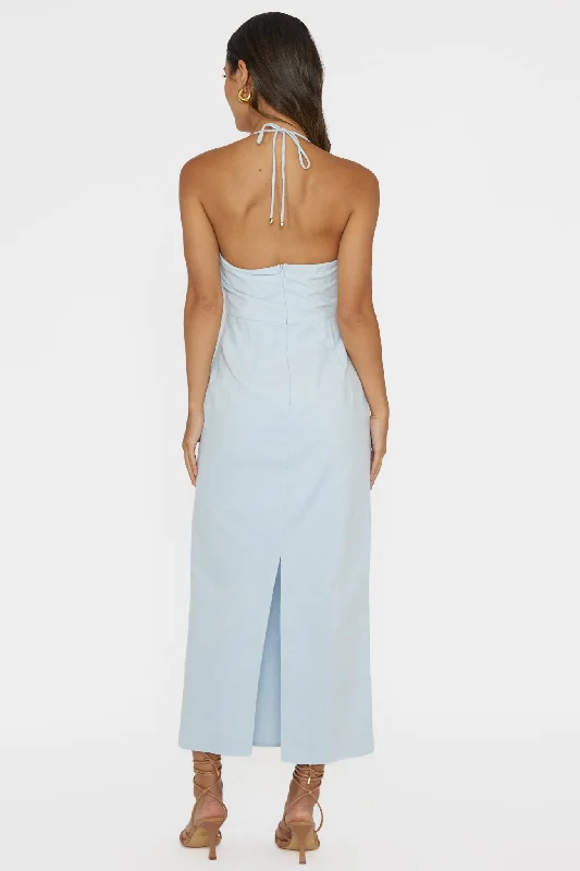 Arielle Gathered Bust Halterneck Midi Dress Pale Blue