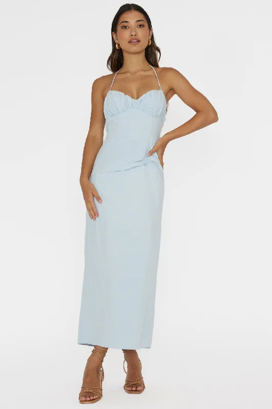 Arielle Gathered Bust Halterneck Midi Dress Pale Blue