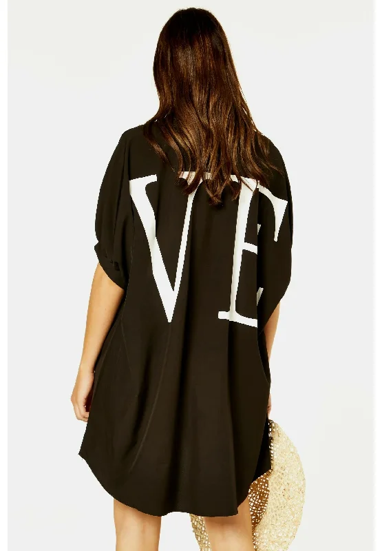 Black Oversized LOVE Batwinged Shirt Dress