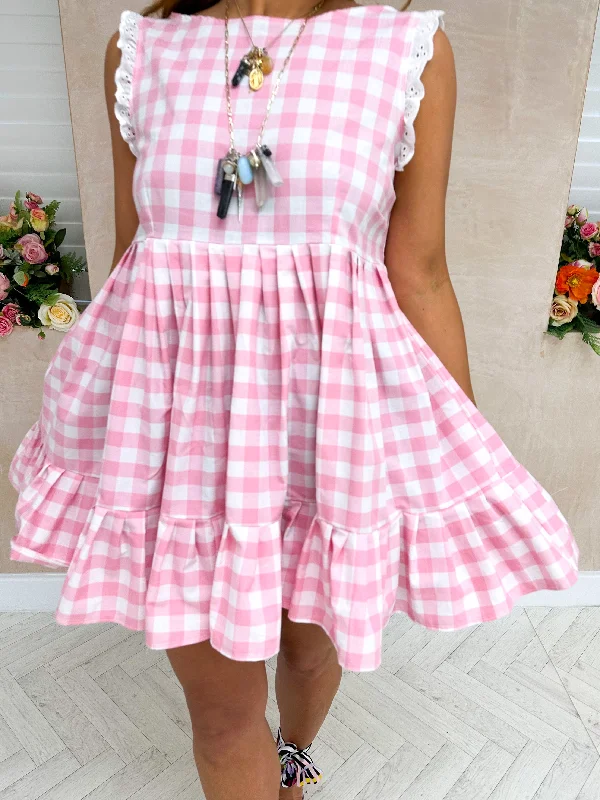 Bliss Babydoll Mini Dress In Pink Gingham