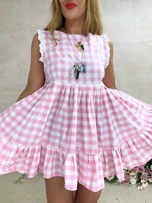 Bliss Babydoll Mini Dress In Pink Gingham