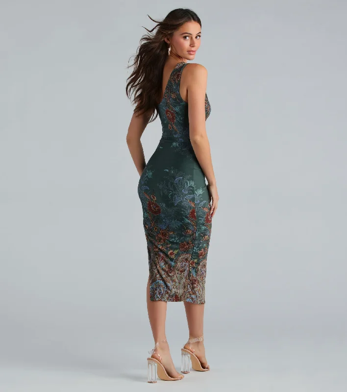 Boho Chic Paisley Mesh Ruched Midi Dress