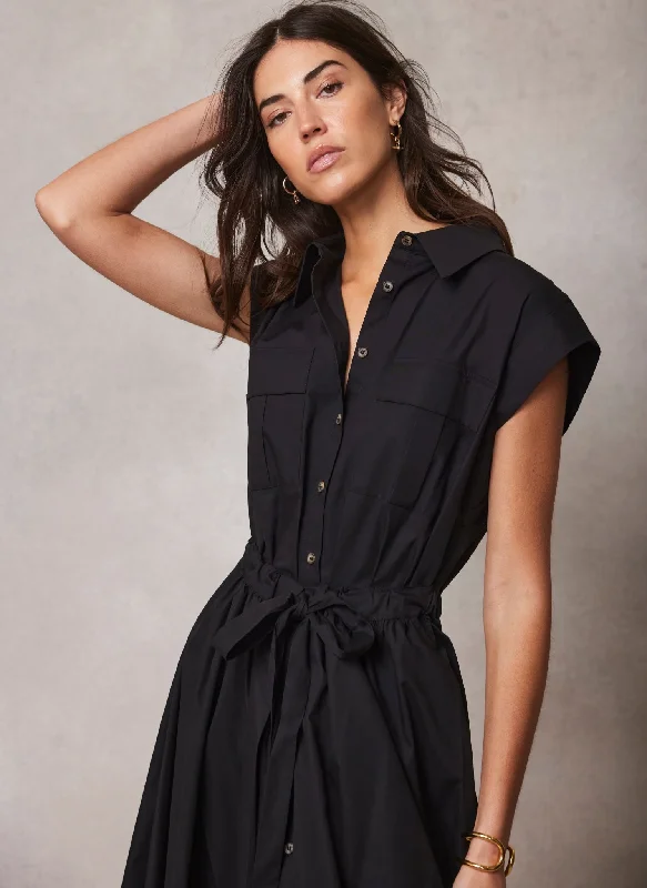 Black Cotton Midi Shirt Dress