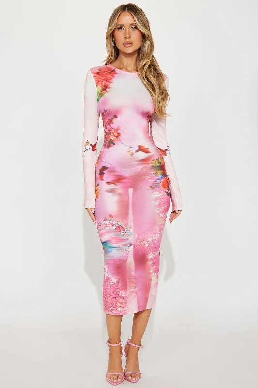 Danielle Long Sleeve Midi Dress - Pink/combo