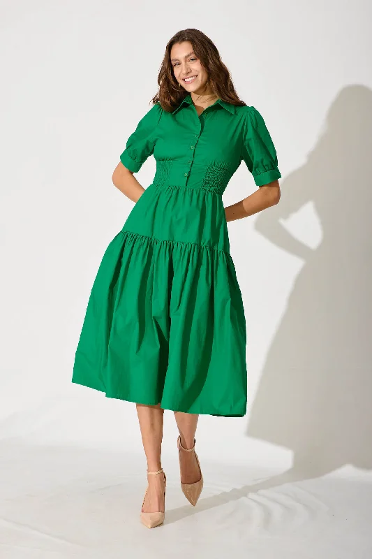 Fairfax Midi Shirt Dress In Green Cotton