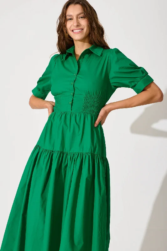 Fairfax Midi Shirt Dress In Green Cotton