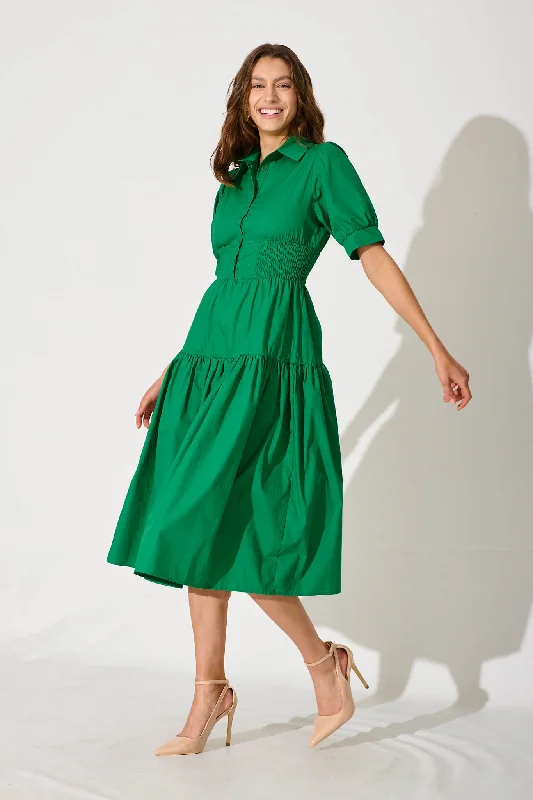 Fairfax Midi Shirt Dress In Green Cotton