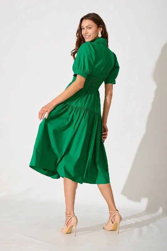 Fairfax Midi Shirt Dress In Green Cotton