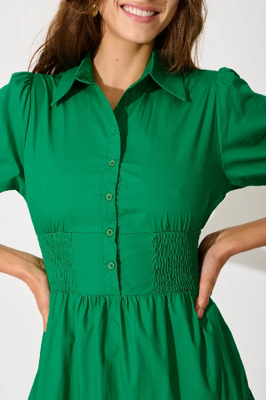 Fairfax Midi Shirt Dress In Green Cotton