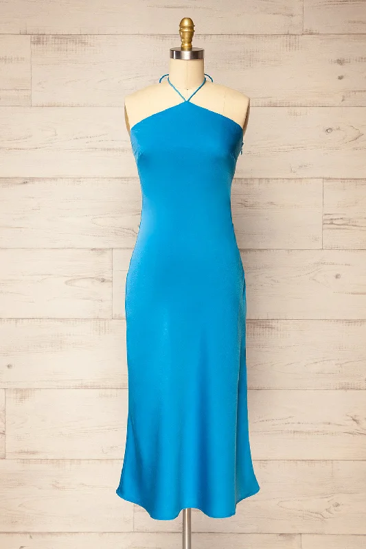 Fladnbury Blue | Satin Midi Halter Dress