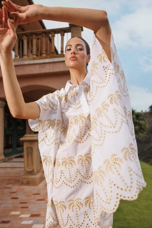 FLORA CAFTAN EYELET & GOLD PALMTREES