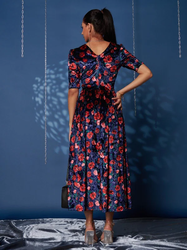 Floral Print Velvet Maxi Dress, Navy Floral