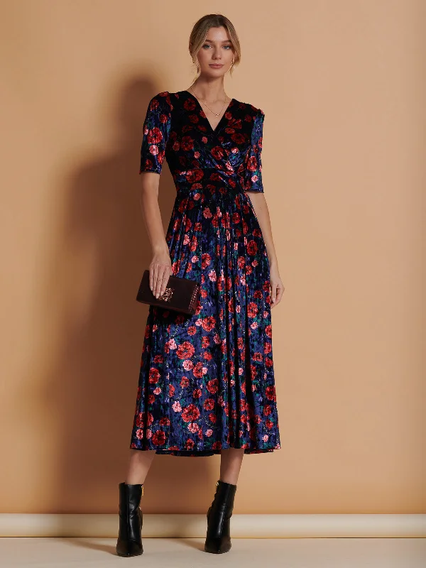 Floral Print Velvet Maxi Dress, Navy Floral