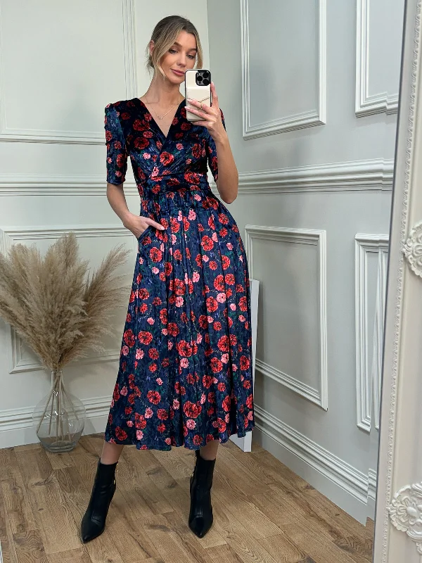 Floral Print Velvet Maxi Dress, Navy Floral