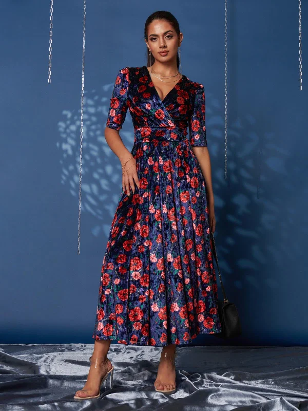 Floral Print Velvet Maxi Dress, Navy Floral