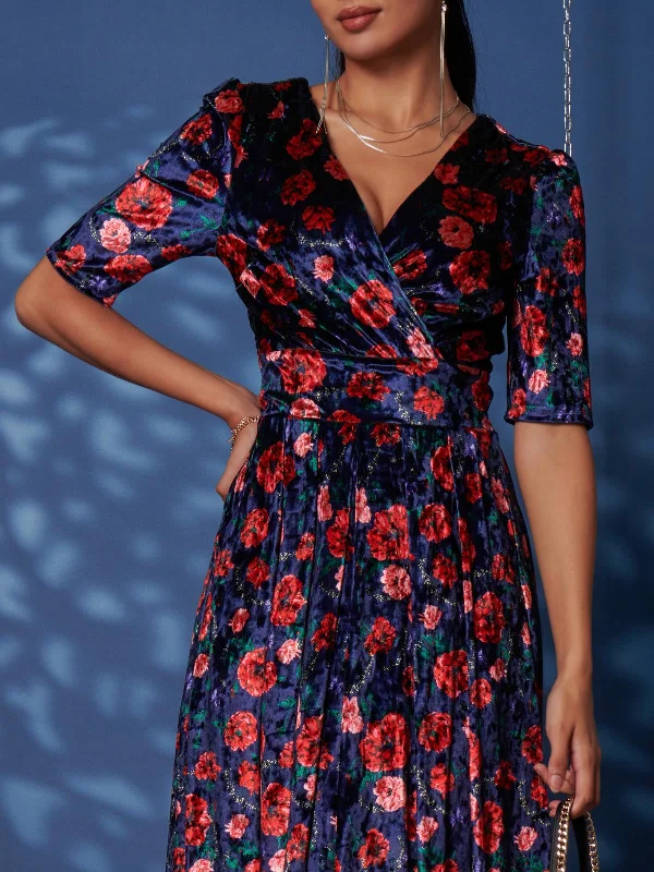 Floral Print Velvet Maxi Dress, Navy Floral