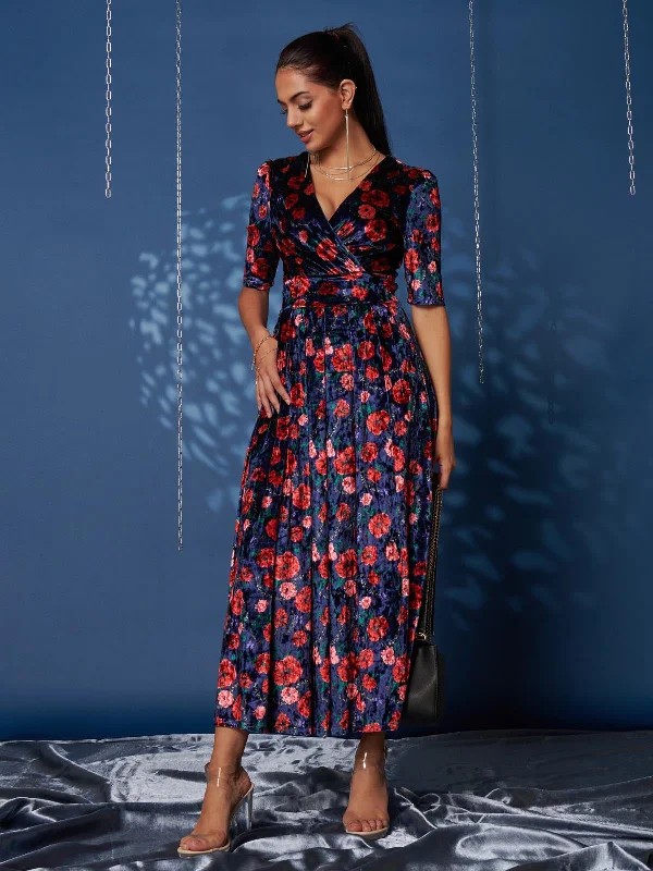 Floral Print Velvet Maxi Dress, Navy Floral