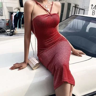 FashionSierra - Glitter Halter Strapless Dress Women Bodycon Sheath Backless Slim Midi Party Dress