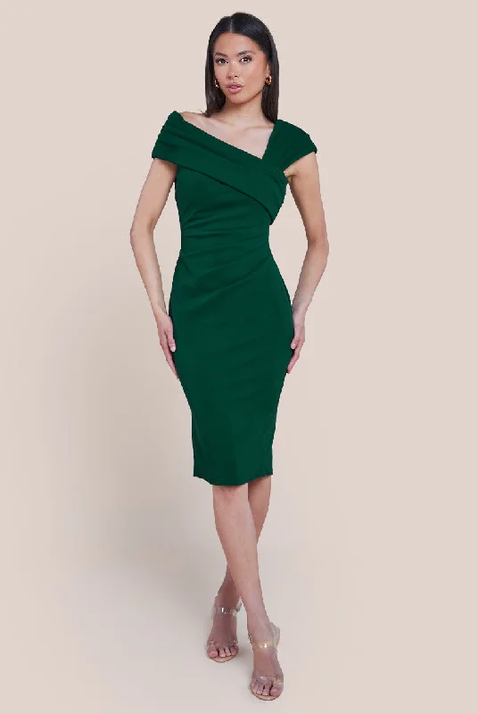 Goddiva Scuba Crepe Pleated Drop Shoulder Midi Dress - Emerald Green