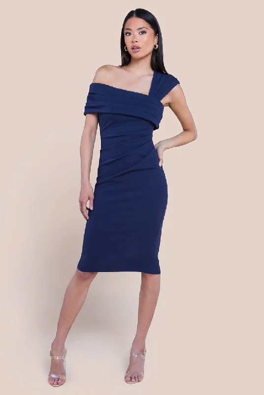 Goddiva Scuba Crepe Pleated Drop Shoulder Midi Dress - Navy