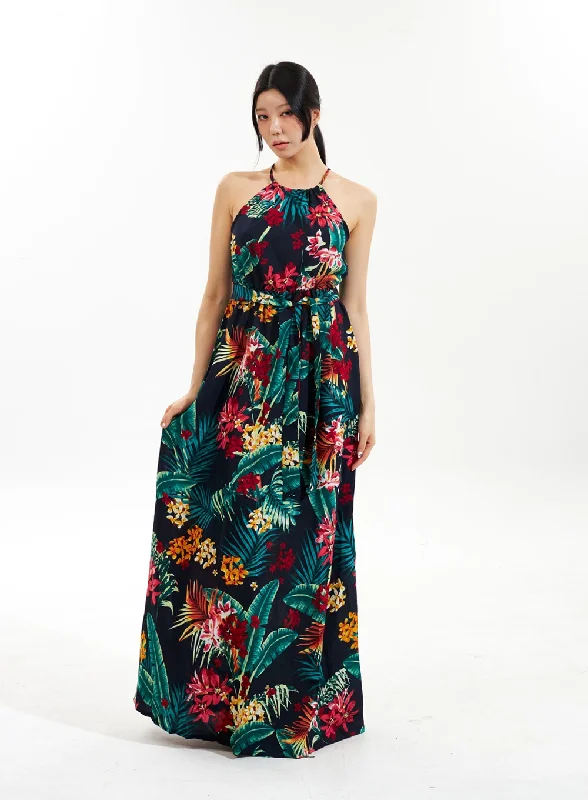 Halter Neck Flower Maxi Dress IU308