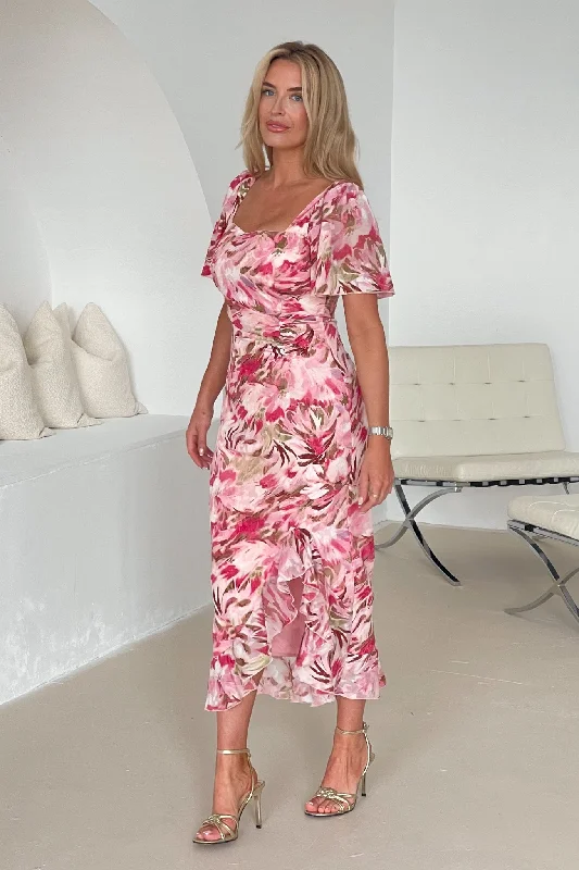 Heidi Multi Floral Burnout Ruched Midi Dress