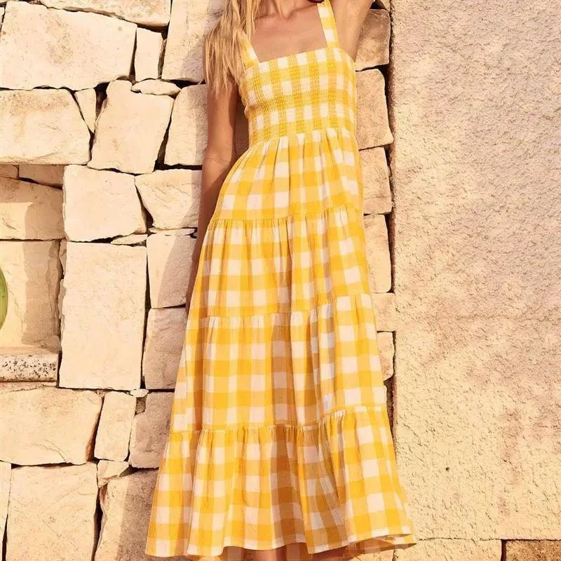 Hobor Gingham Maxi Dress in Yellow