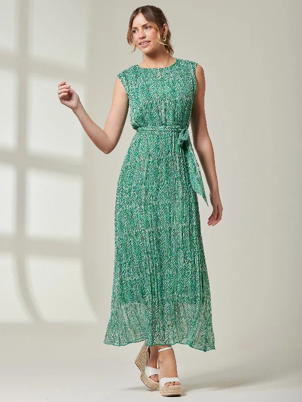 Hollyn Pleated Chiffon Maxi Dress, Green Abstract