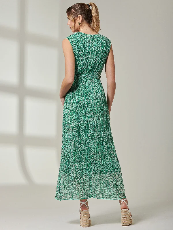 Hollyn Pleated Chiffon Maxi Dress, Green Abstract