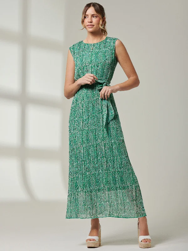 Hollyn Pleated Chiffon Maxi Dress, Green Abstract