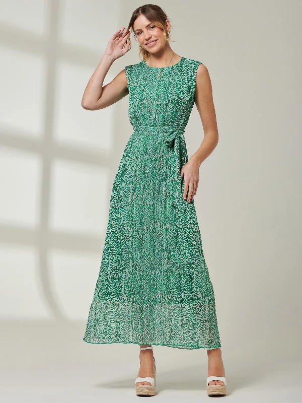 Hollyn Pleated Chiffon Maxi Dress, Green Abstract