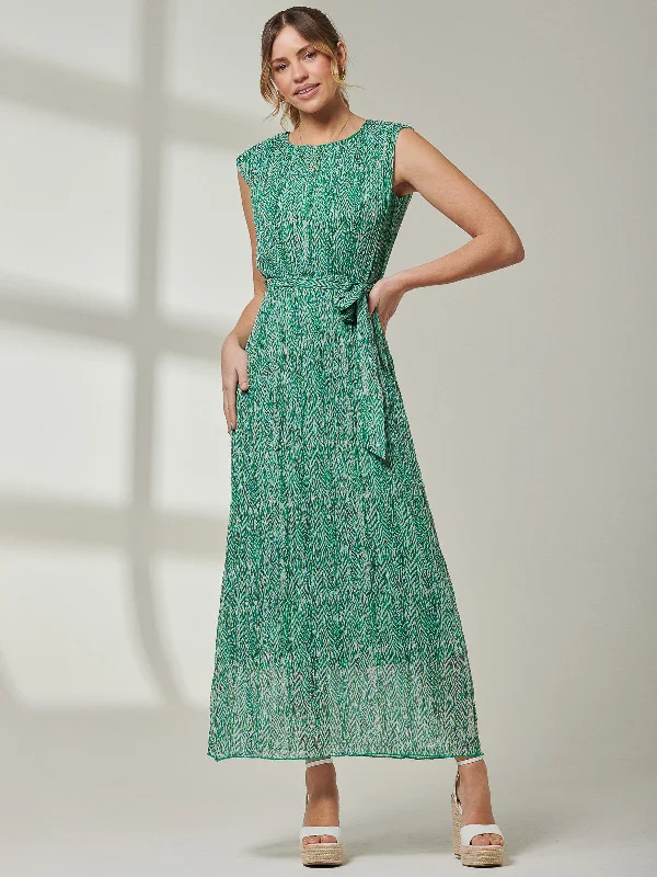 Hollyn Pleated Chiffon Maxi Dress, Green Abstract