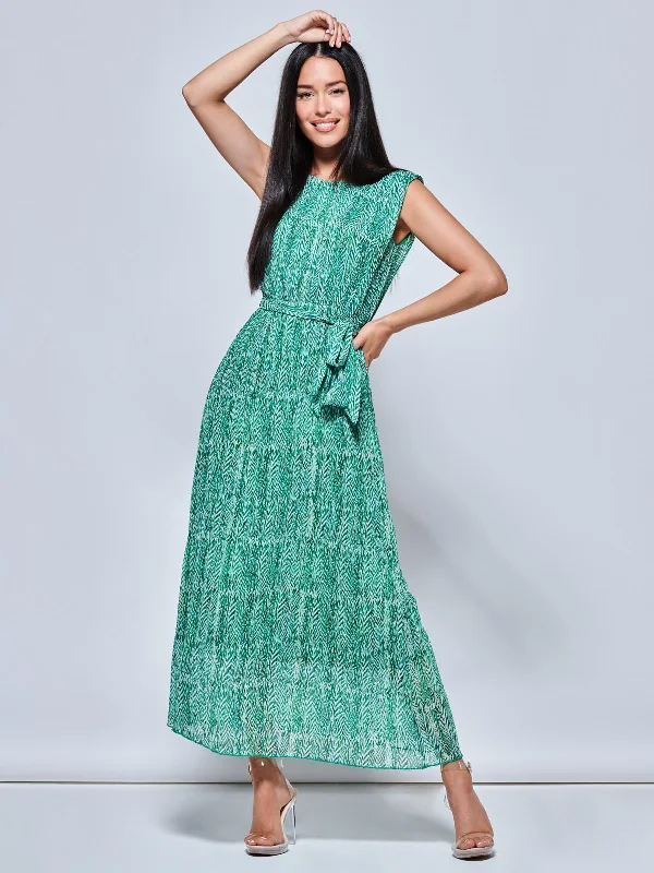 Hollyn Pleated Chiffon Maxi Dress, Green Abstract