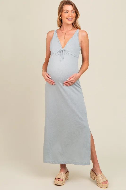 Light Blue V-Neck Side Slit Maternity Maxi Dress