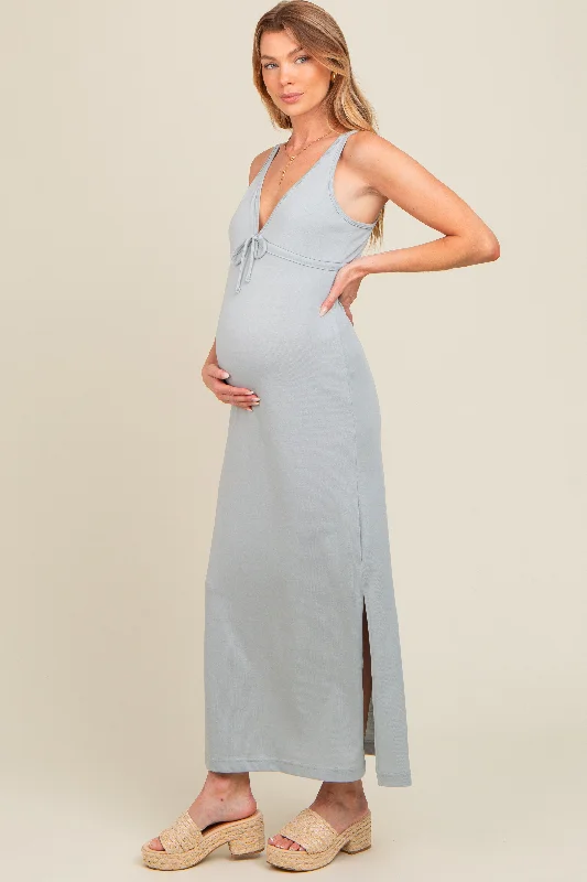 Light Blue V-Neck Side Slit Maternity Maxi Dress