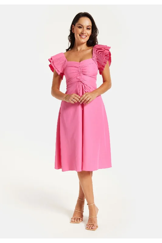 Liquorish Frill Sleeves Midi Dress In Pink With Ruching Front