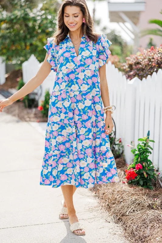 Look You Up Blue & Pink Floral Ruffled Midi Dress