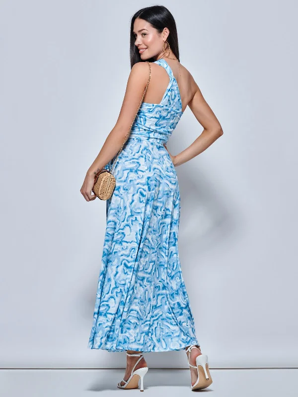 Marble Print One Shoulder Maxi Dress, Blue Multi