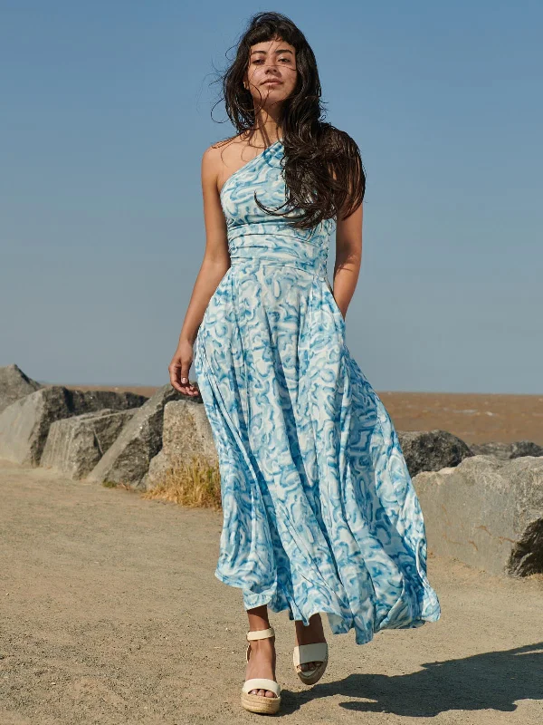 Marble Print One Shoulder Maxi Dress, Blue Multi