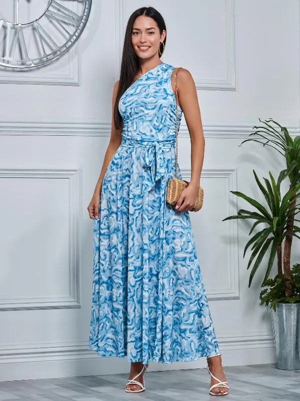 Marble Print One Shoulder Maxi Dress, Blue Multi