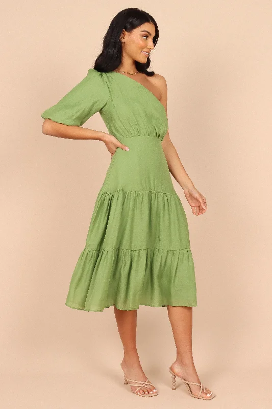 Milla One Shoulder Tiered Midi Dress - Green