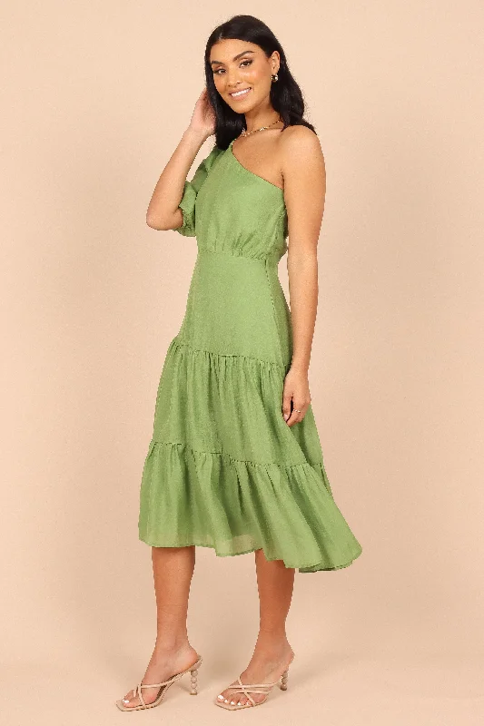 Milla One Shoulder Tiered Midi Dress - Green