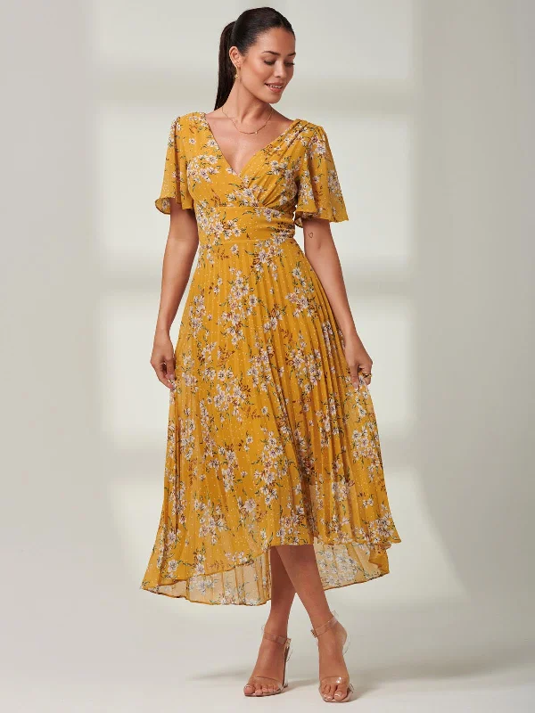 Olenna Angel Sleeve Pleated Chiffon Maxi, Yellow Floral