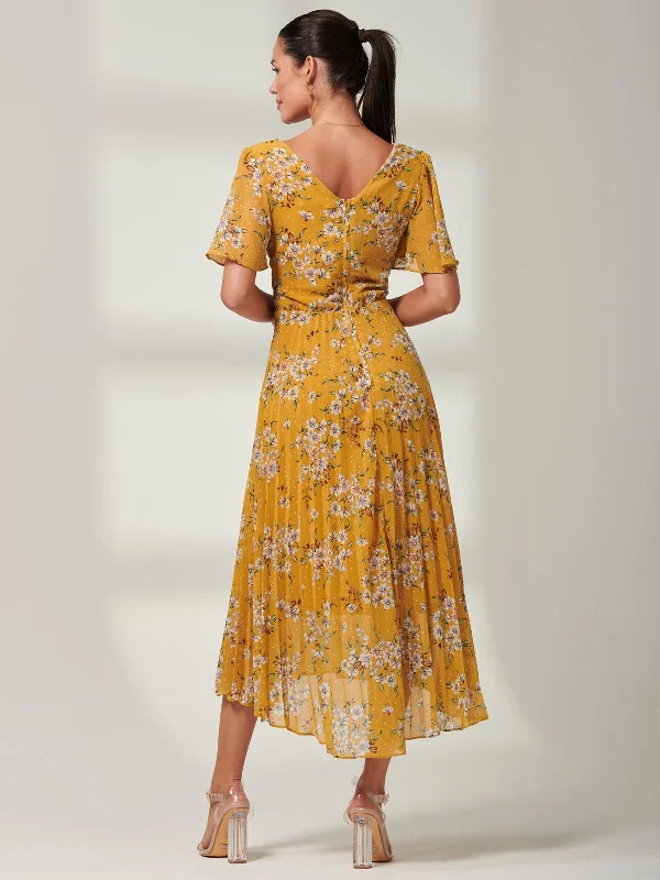 Olenna Angel Sleeve Pleated Chiffon Maxi, Yellow Floral