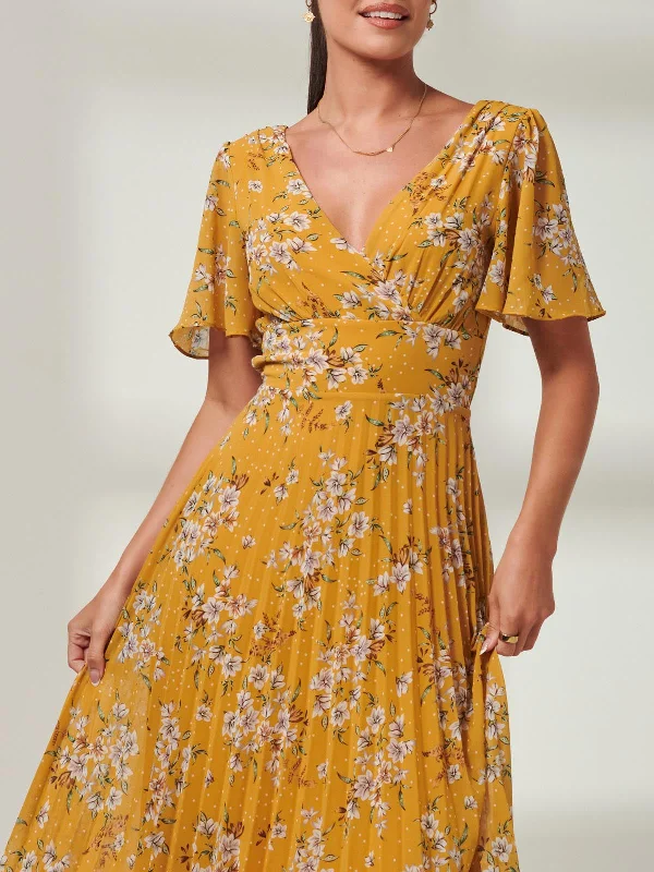 Olenna Angel Sleeve Pleated Chiffon Maxi, Yellow Floral