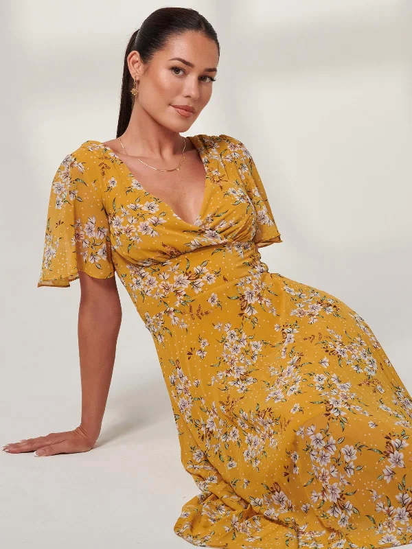 Olenna Angel Sleeve Pleated Chiffon Maxi, Yellow Floral