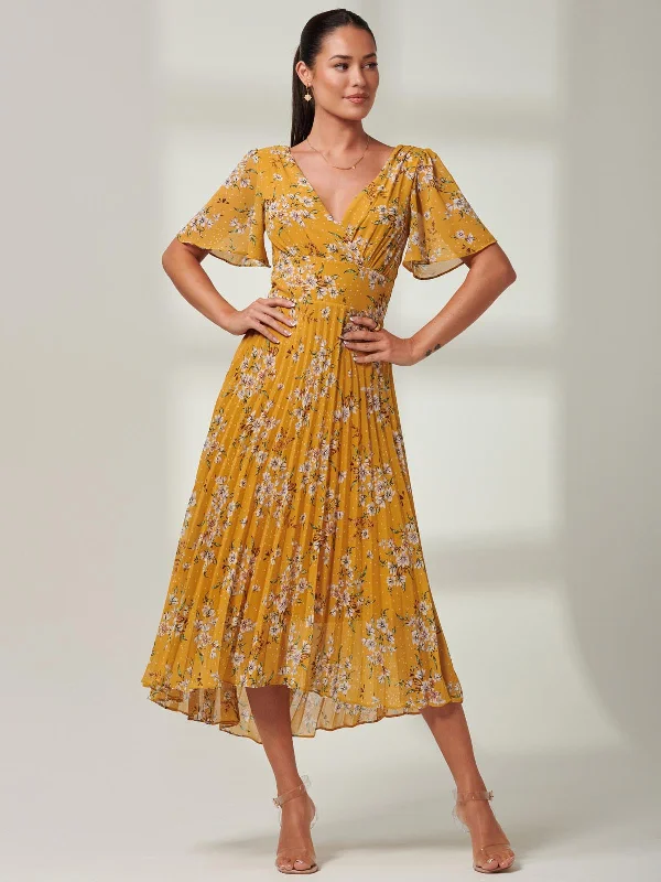 Olenna Angel Sleeve Pleated Chiffon Maxi, Yellow Floral