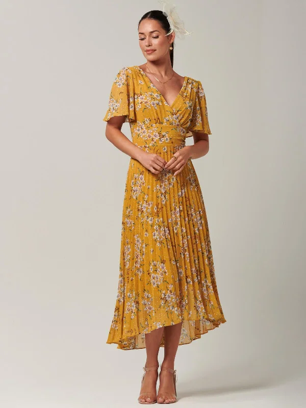 Olenna Angel Sleeve Pleated Chiffon Maxi, Yellow Floral