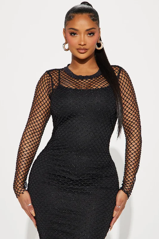 Olivia Fishnet Midi Dress - Black